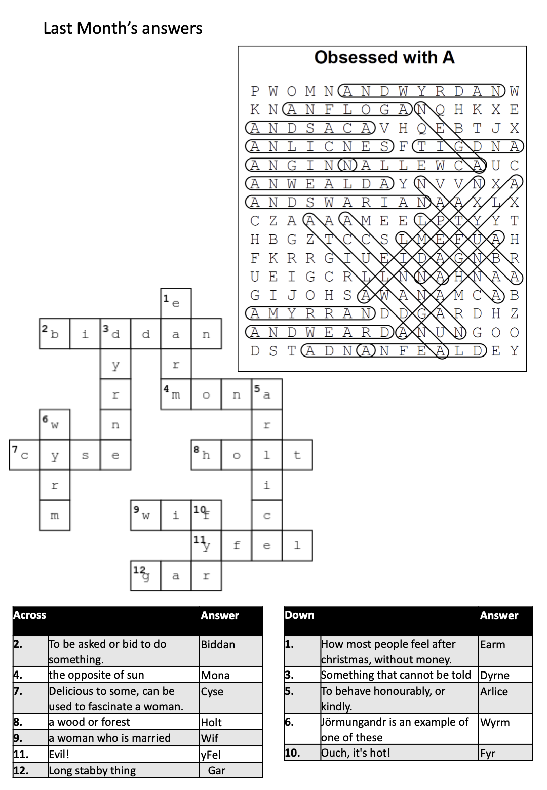 Completed word search and crossword