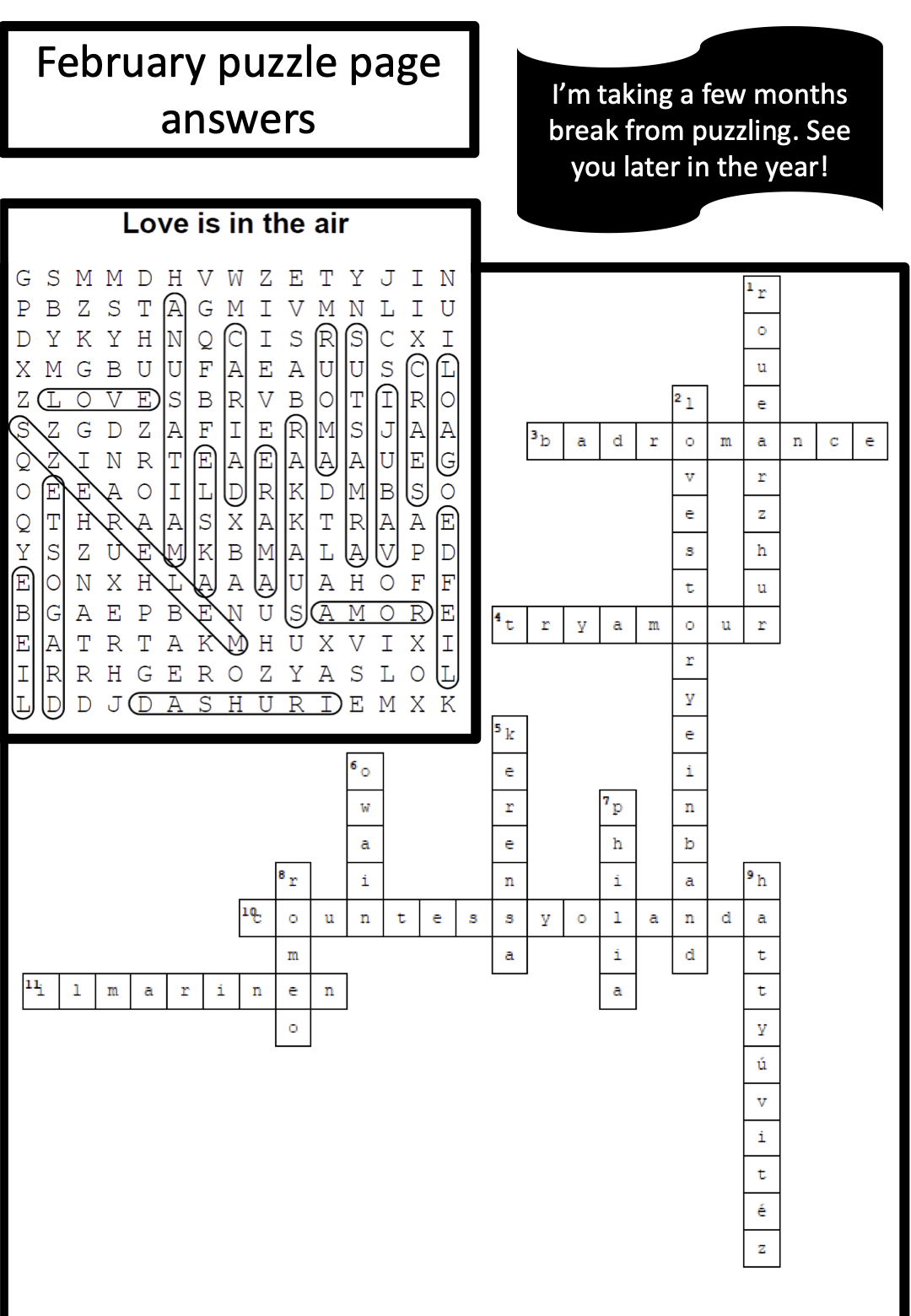 Completed word search and crossword