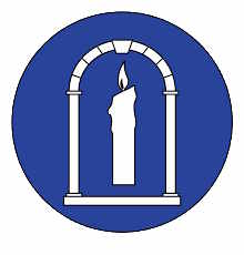 A candle, under an arch, in a blue circle