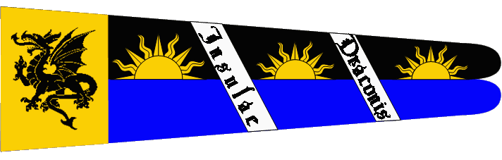 A long flag with the Drachenwald dragon, and three rising suns